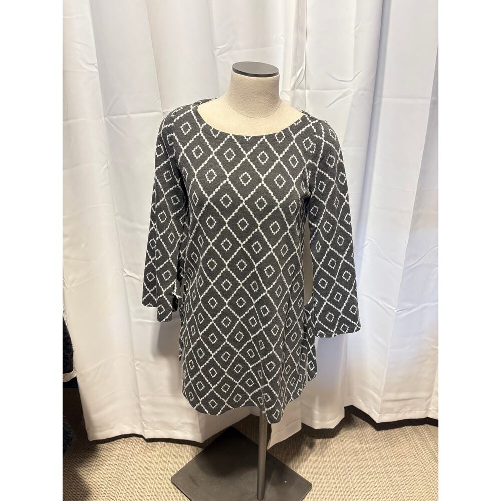 NWOT LOFT Gray Geometrical Midi Dress long sleeves Medium Petite